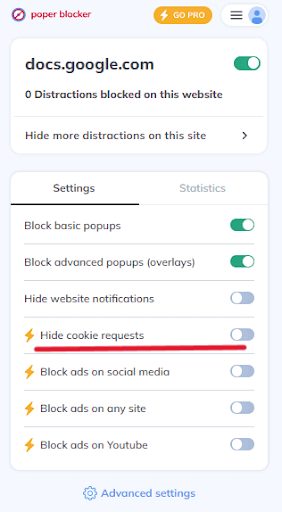 Hide cookie request with Poper Blocker