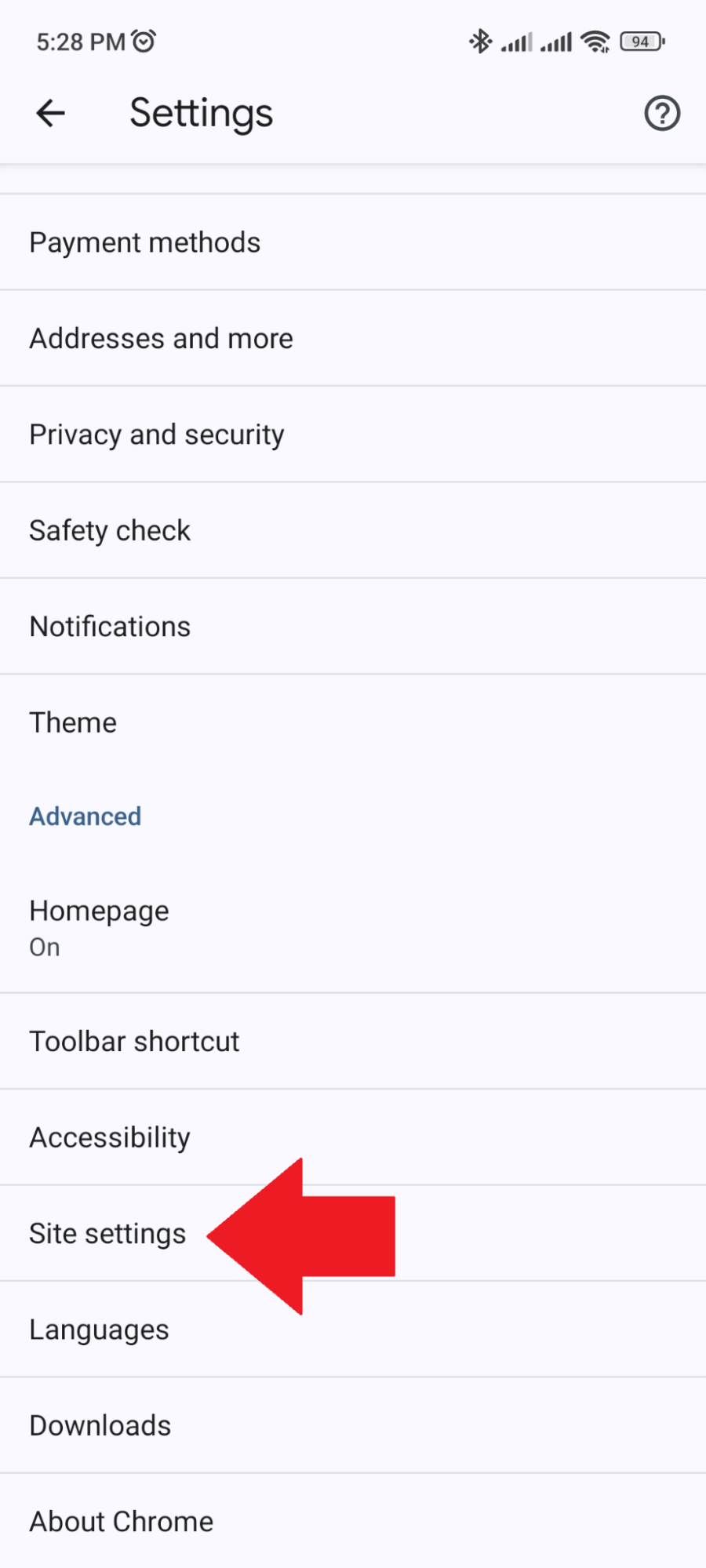 Android - Chrome - Site Settings