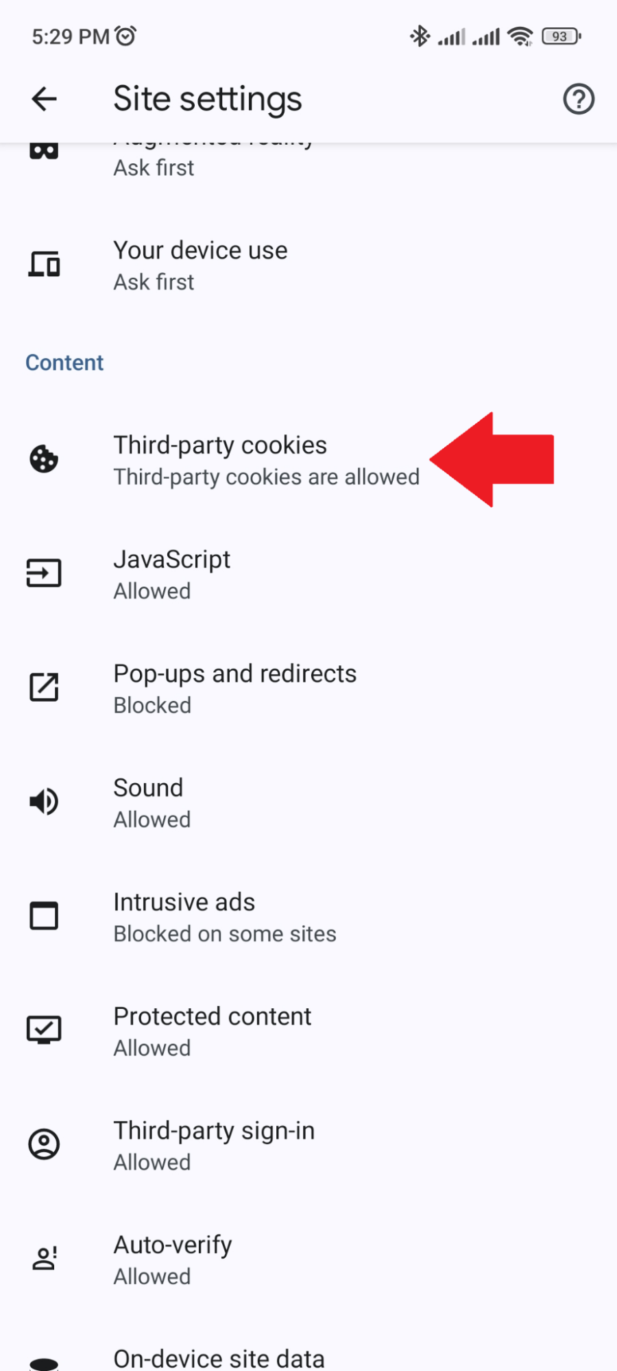 Android - Chrome - Third party cookies