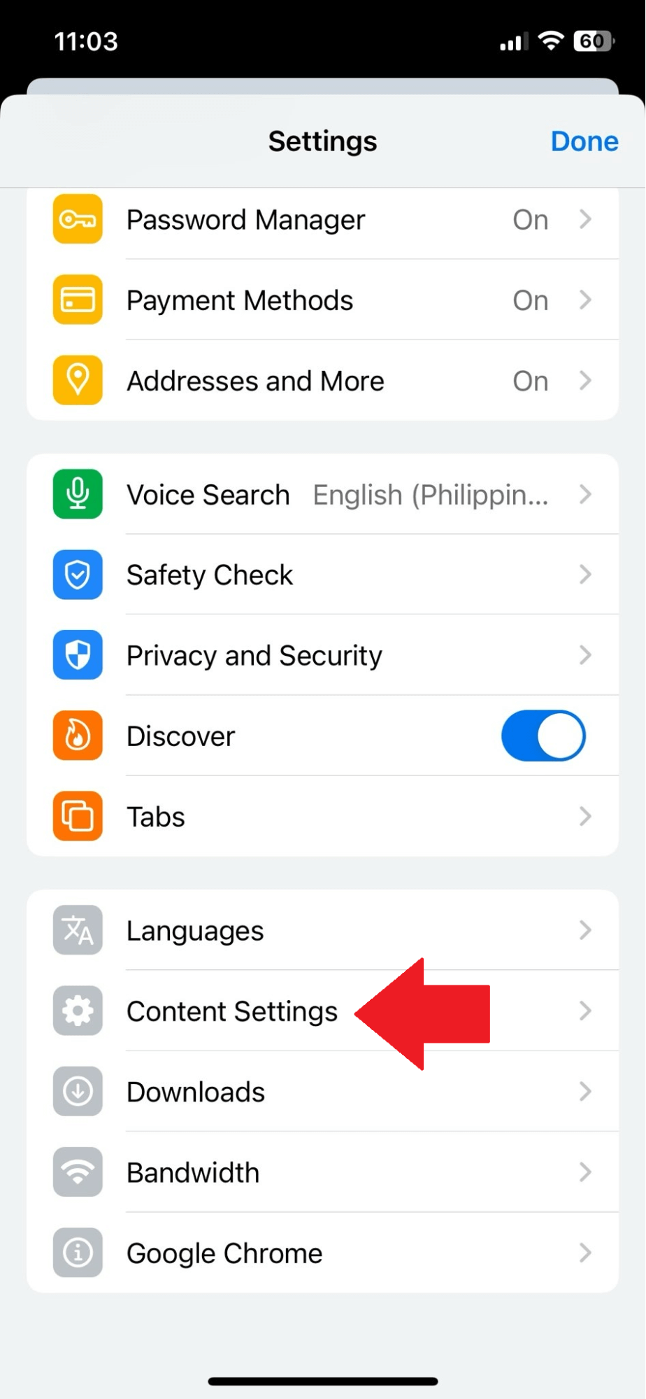 Chrome - iPhone - Content Settings