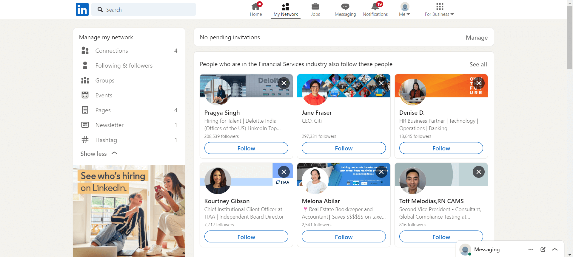 LinkedIn suggestions of people to follow