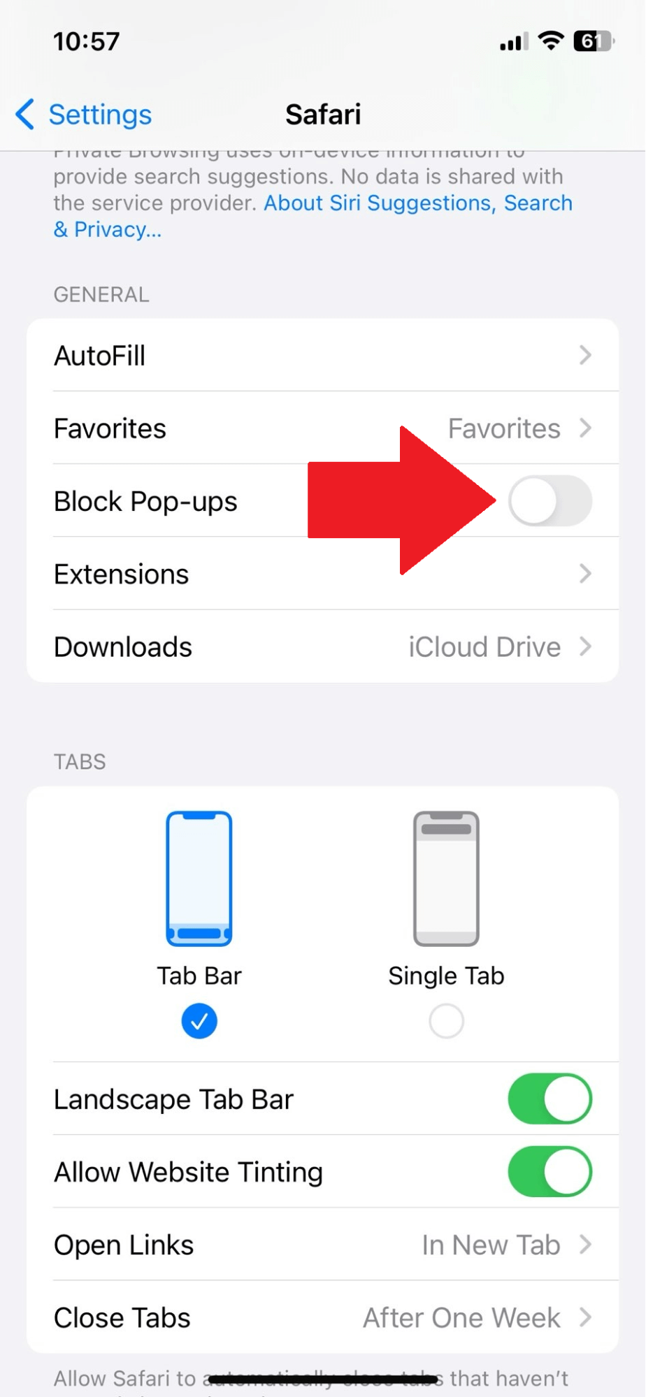 Safari - iPhone - Disable Pop-Up Blocker