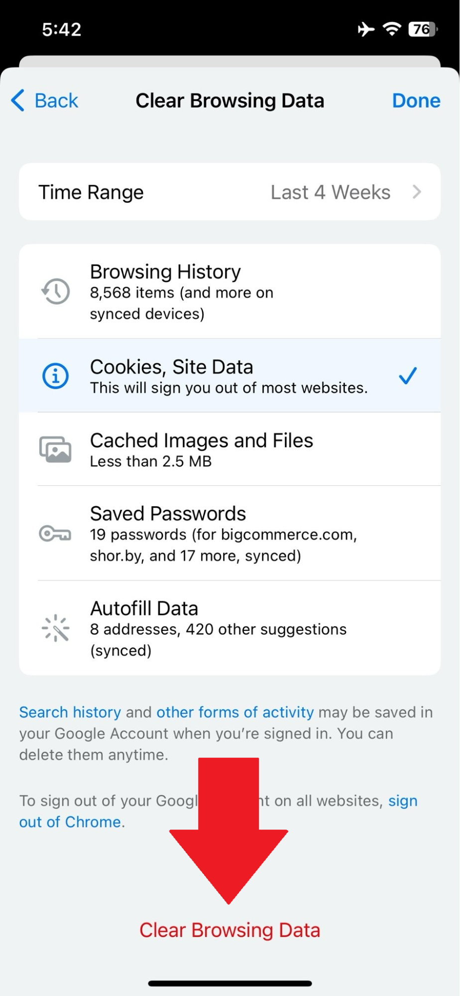 iOS - Chrome - Clear Browsing Data