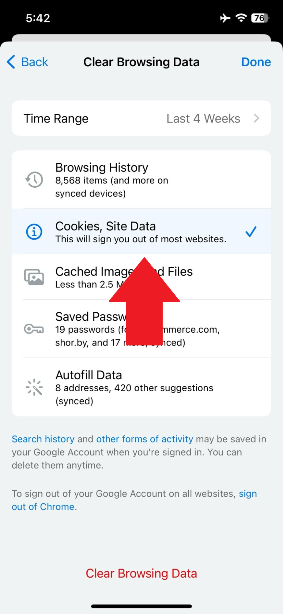 iOS - Chrome - Cookies, site data