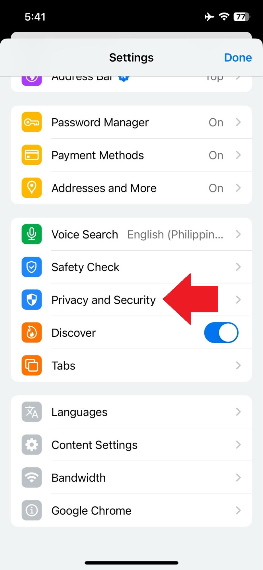 iOS - Chrome - Privacy and Security