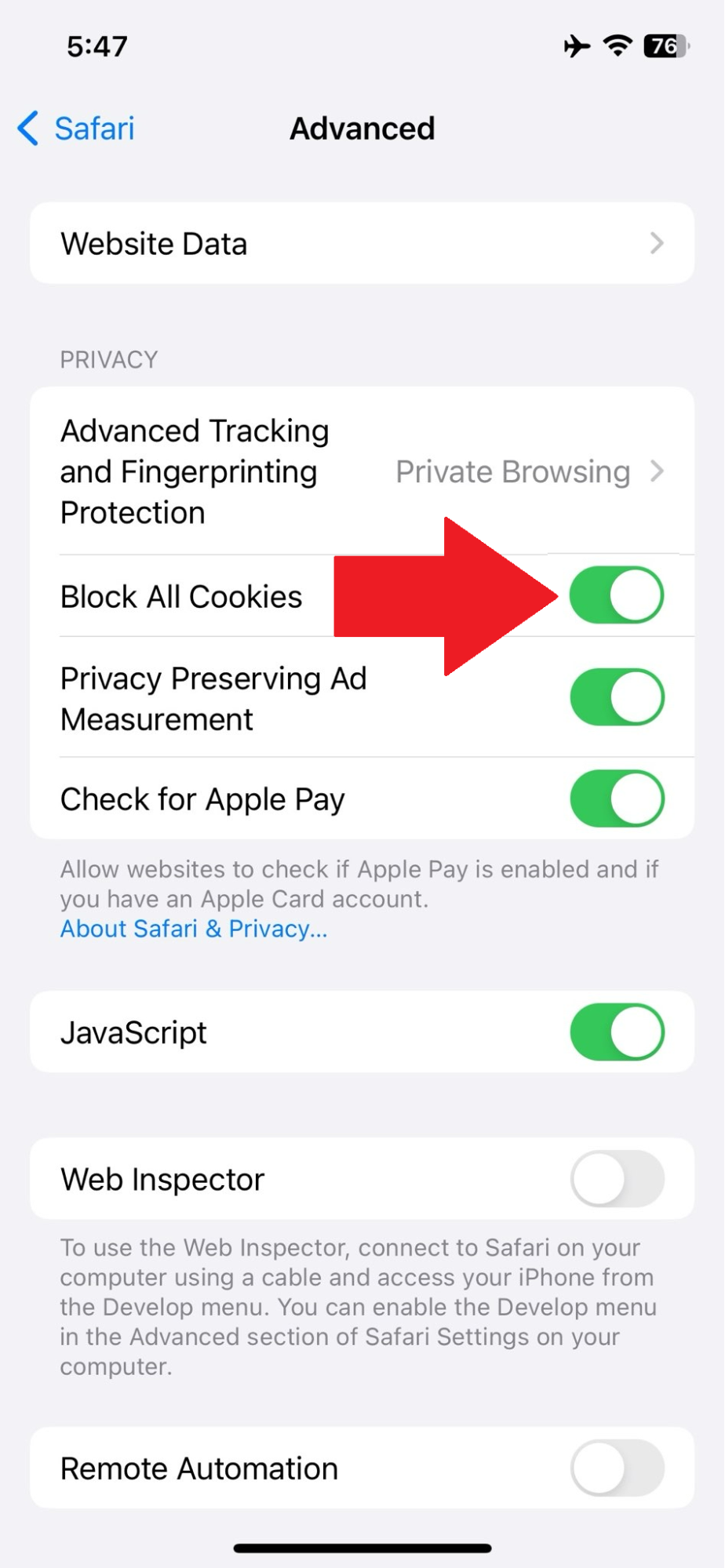 iOS - Safari - Block all cookies button