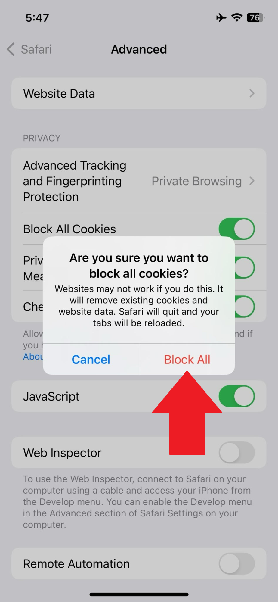 iOS - Safari - Confirm choice to block cookies