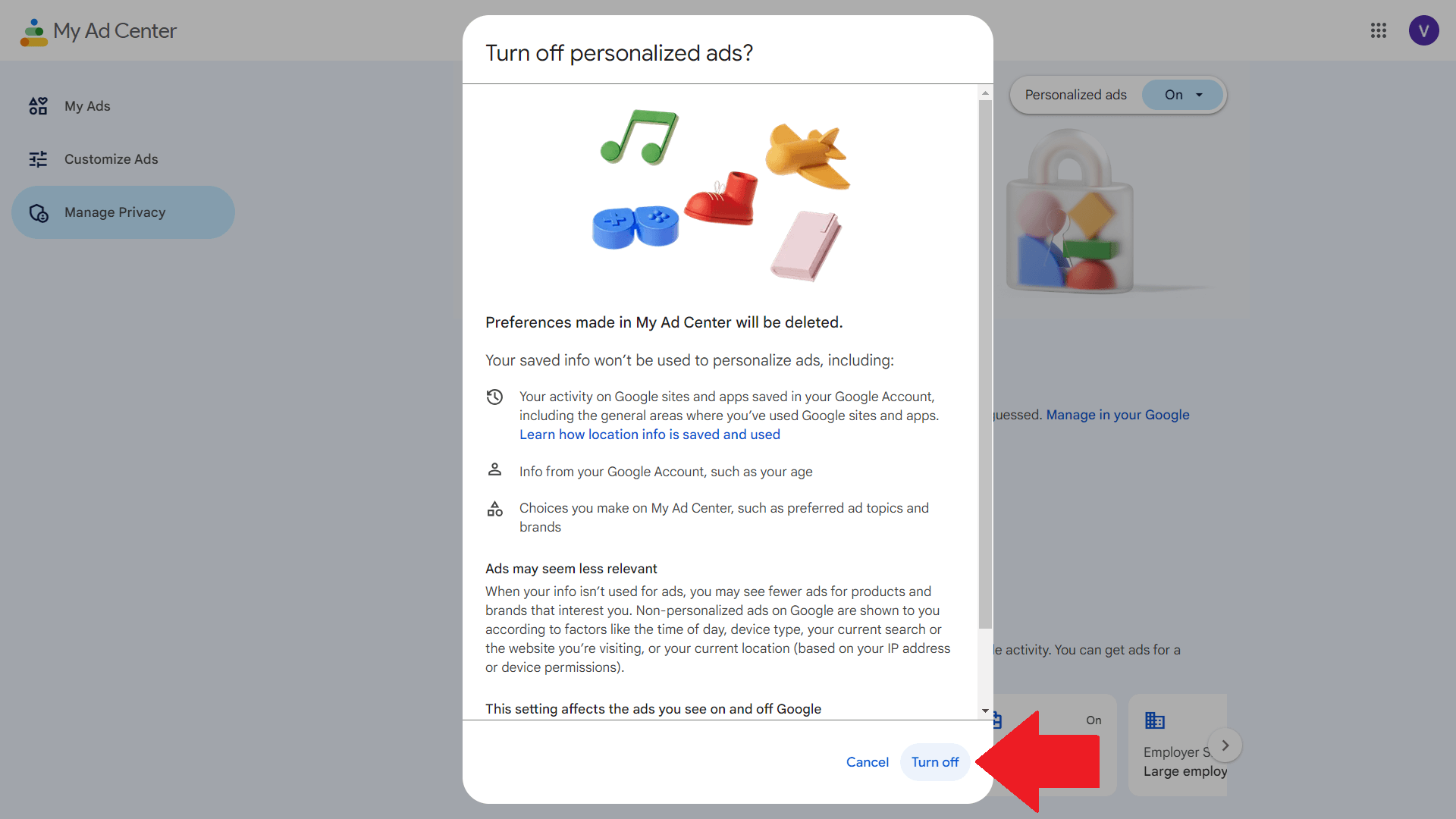 turn off personalized ads - Google and YouTube
