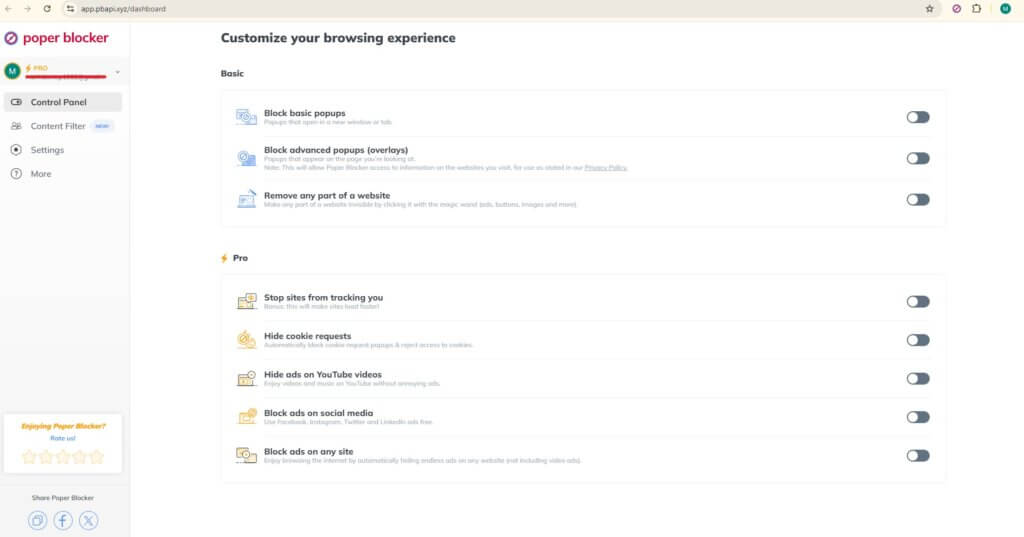 Poper Blocker Ad Blocking Settings