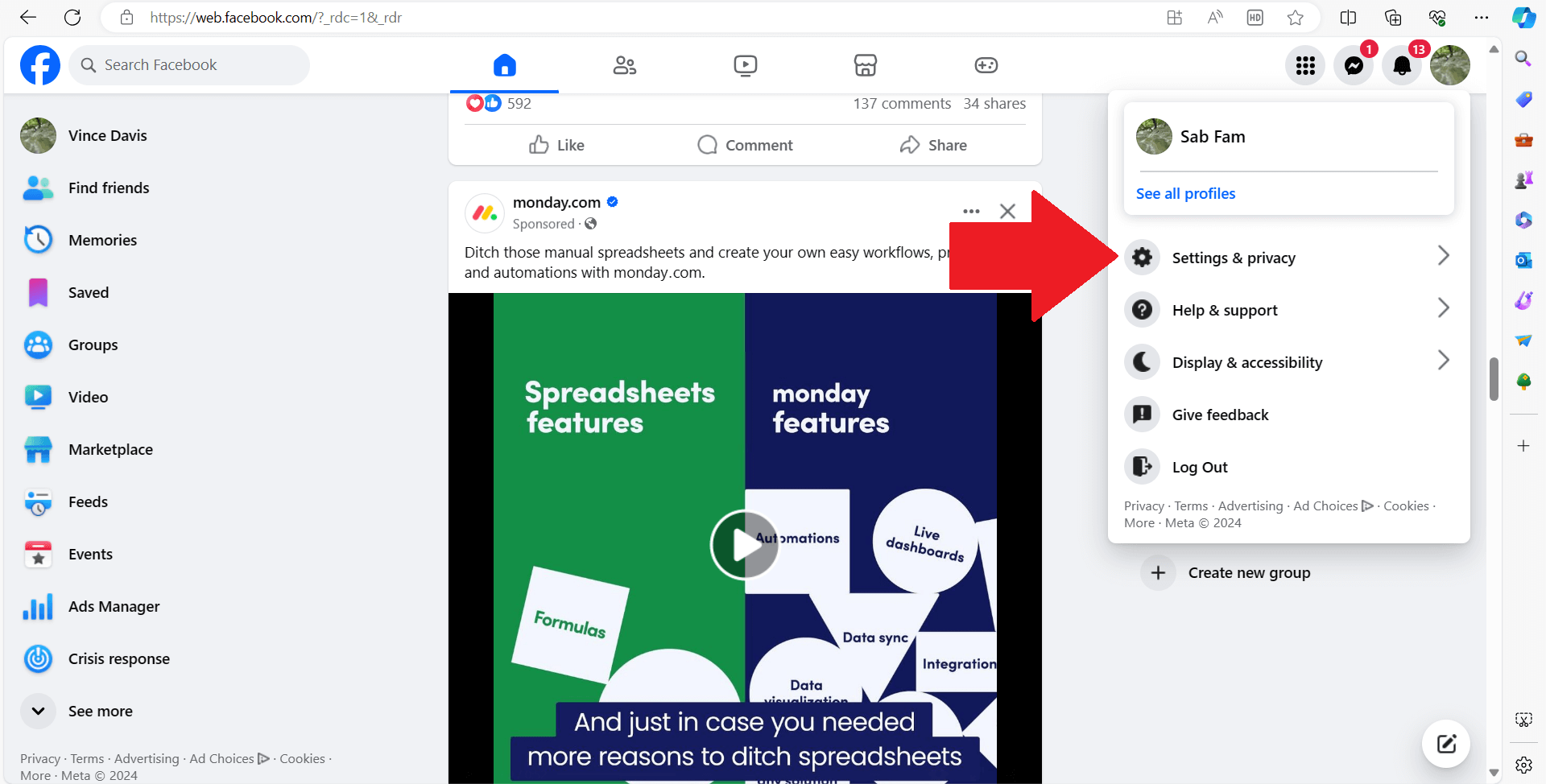 Settings and privacy - Facebook
