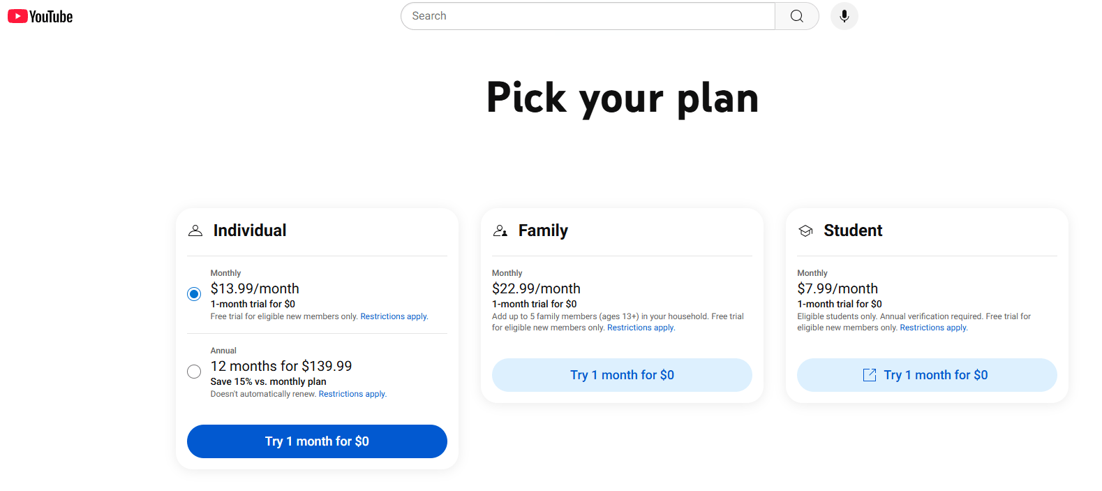 YouTube Premium Plans