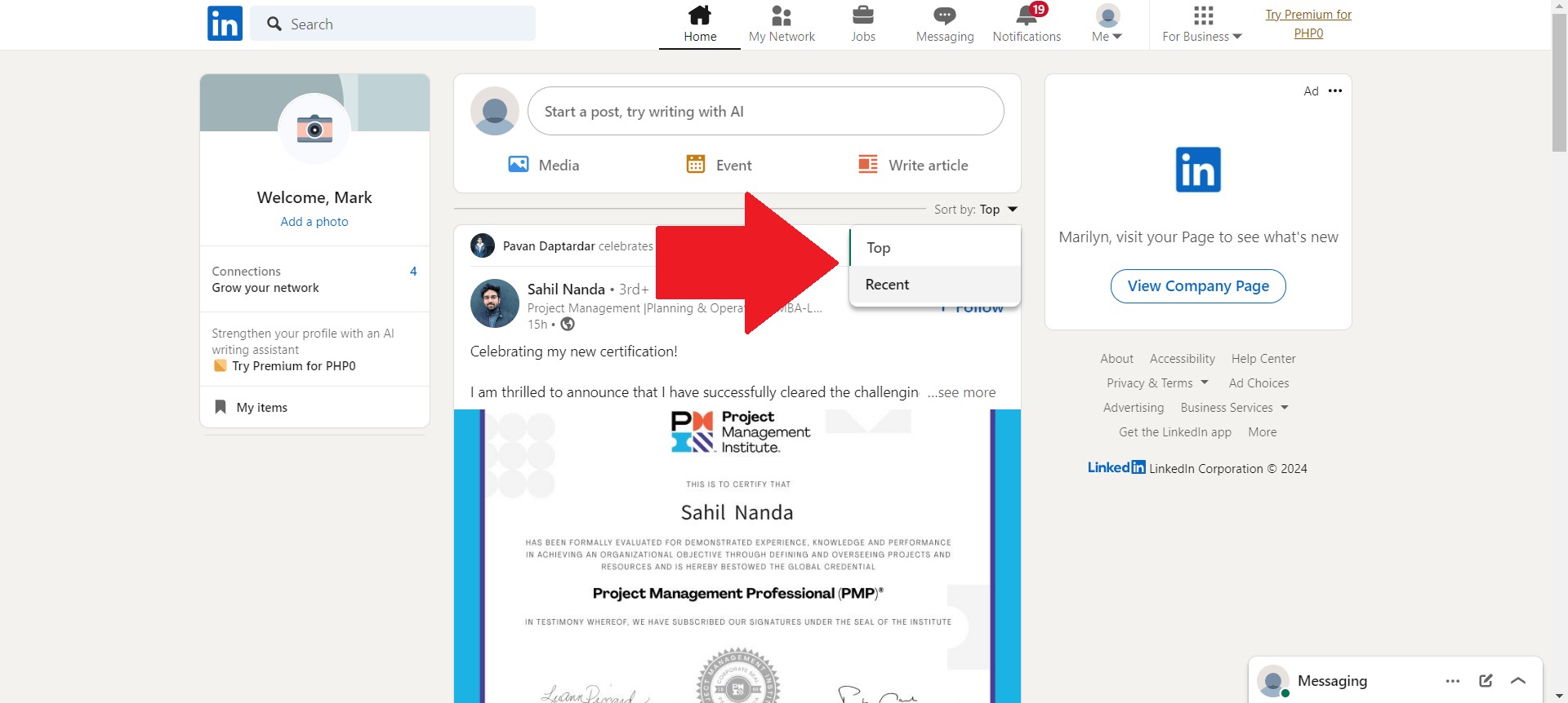 feed sort button on LinkedIn