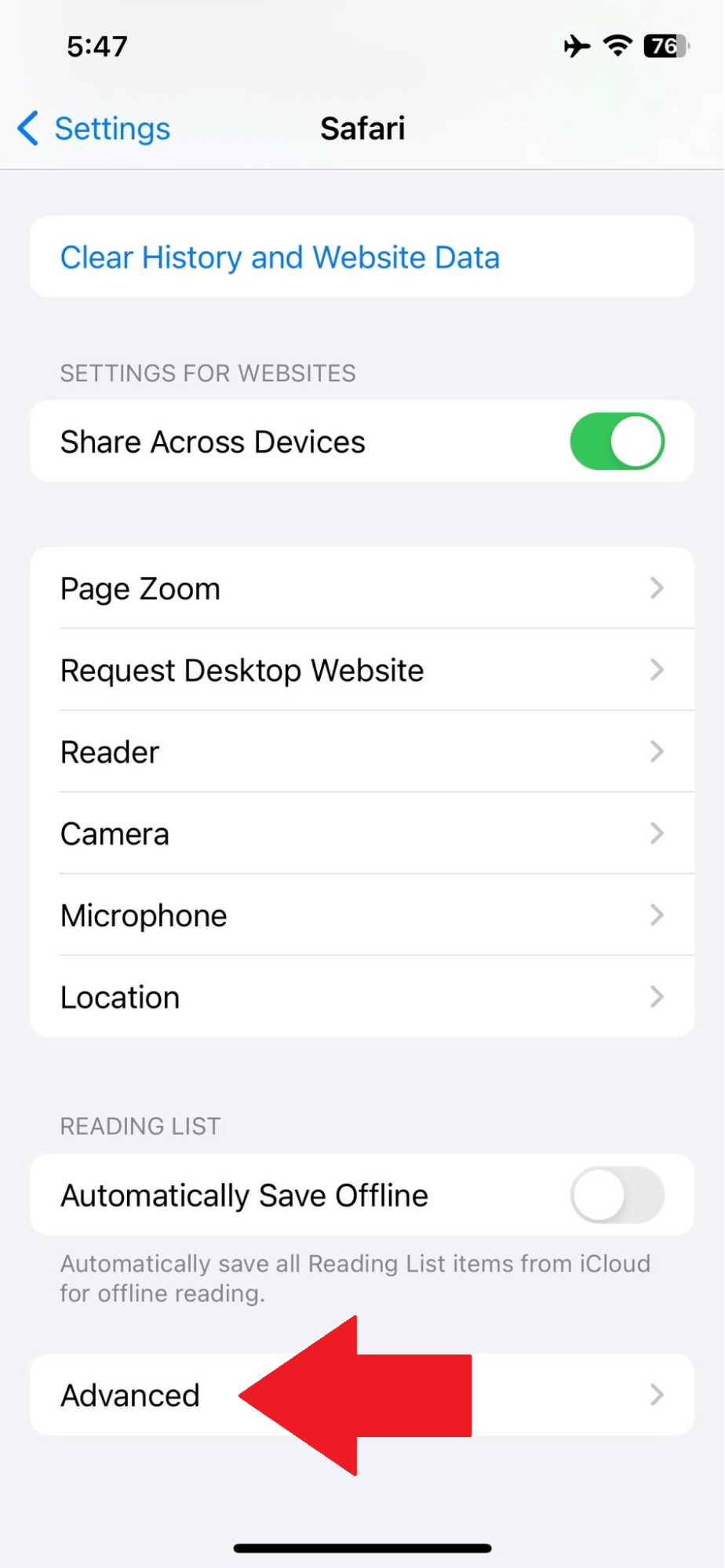 iOS - Safari - Advanced Settings