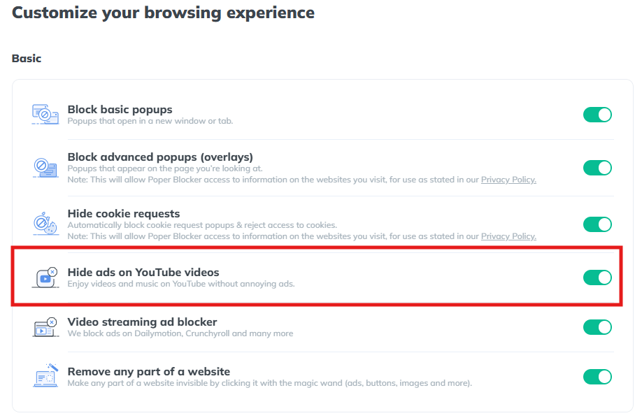 Block ads on YouTube - Poper Blocker desktop extension