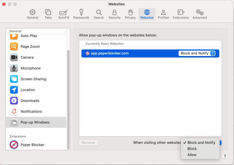 Choose between Block or Block and Notify