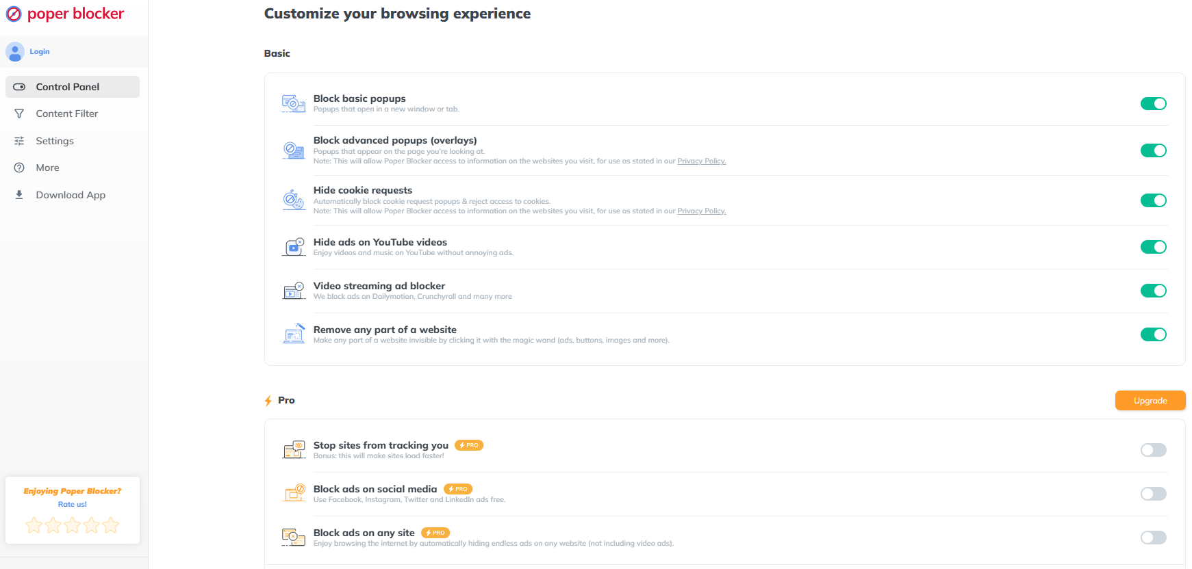 Poper Blocker Features and Settings