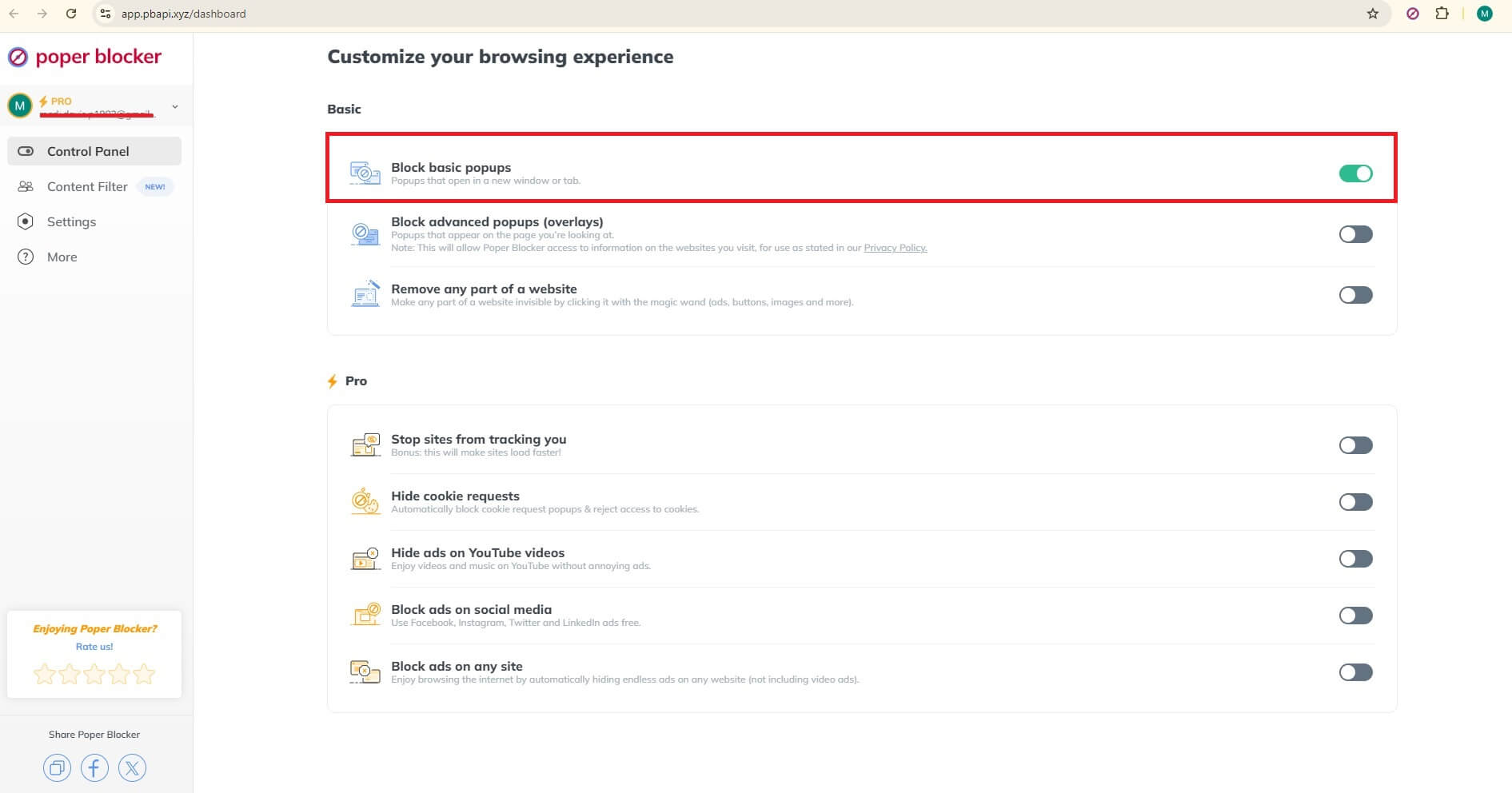 Poper Blocker Settings - Block basic pop ups