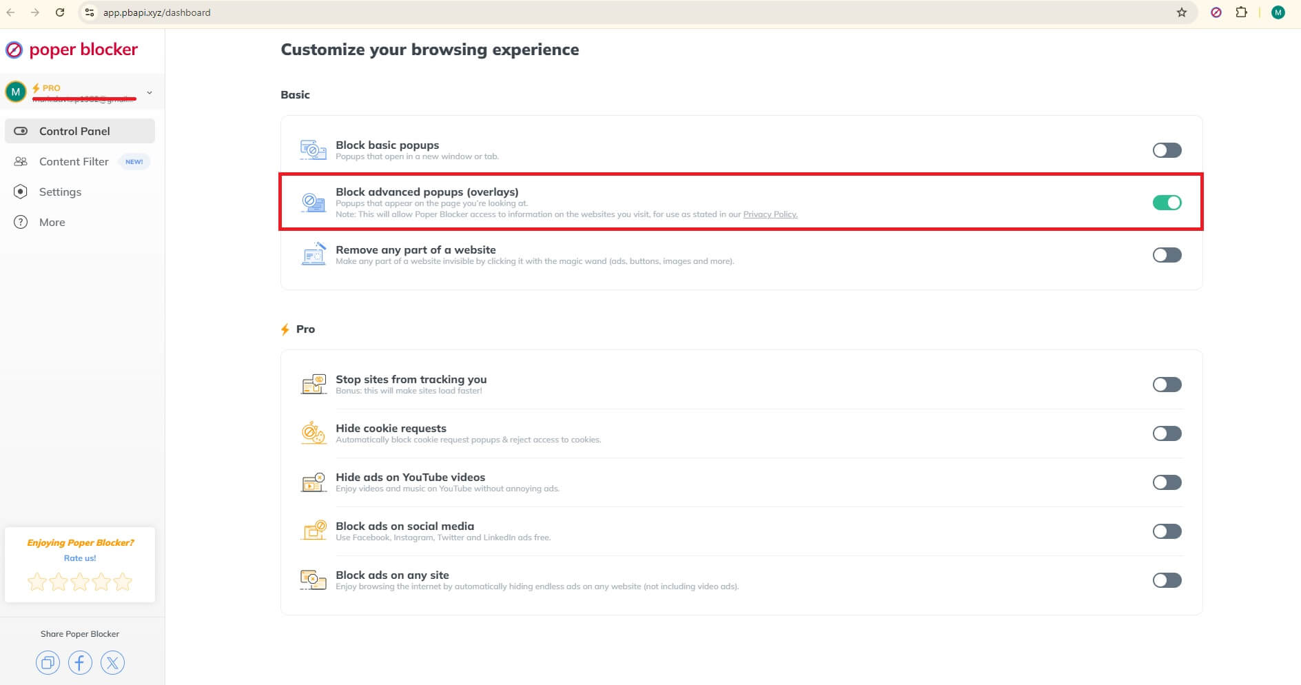 Poper Blocker Settings - Block overlays