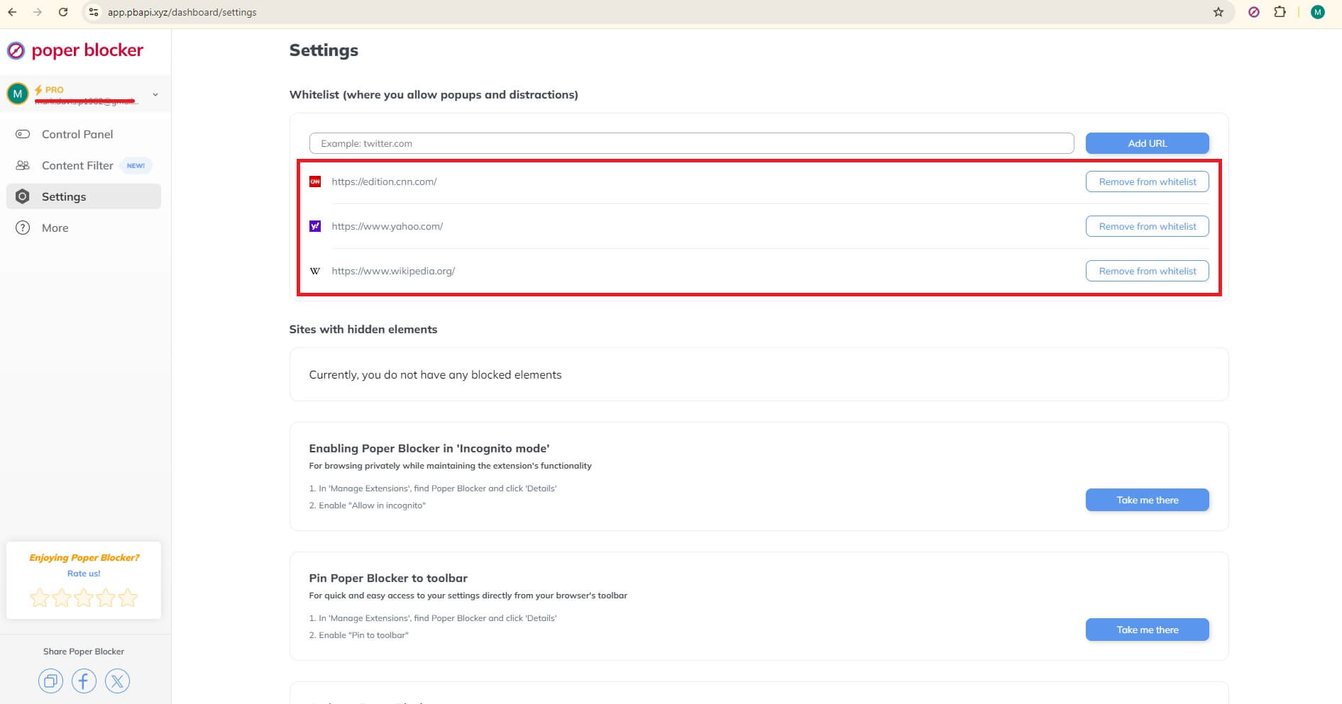 Poper Blocker Settings - Whitelist websites