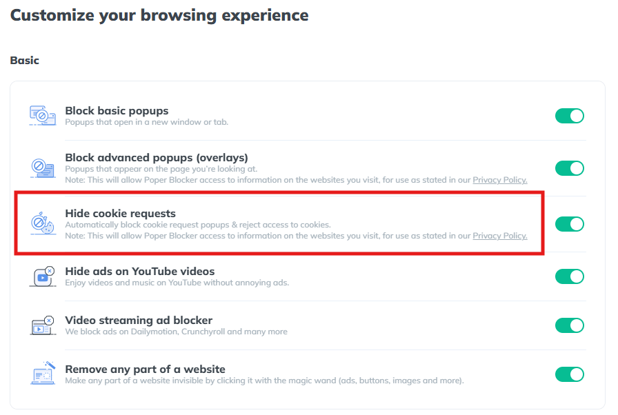 Poper Blocker settings - Hide Cookie request