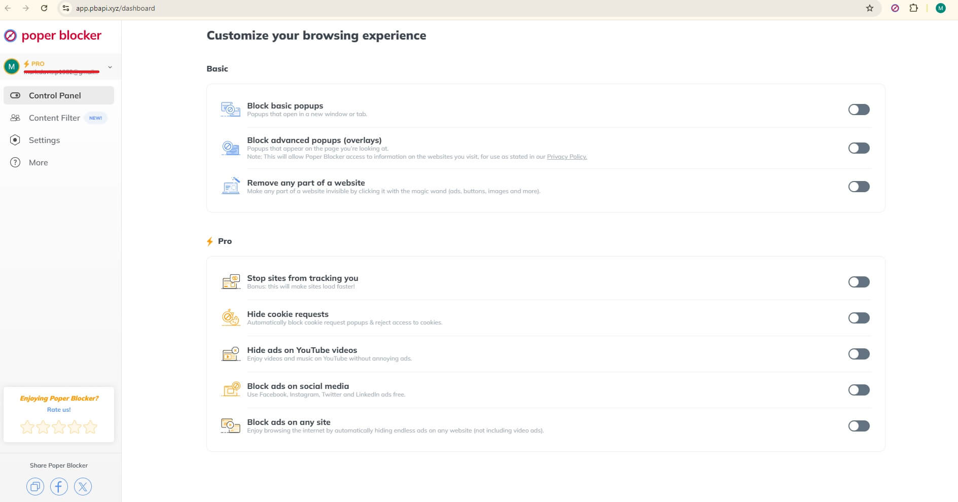 Poper Blocker Settings